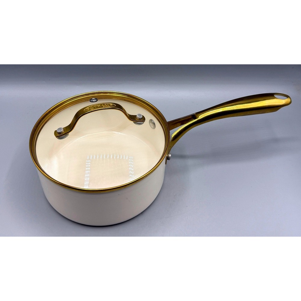 Gotham Steel 1.5 Qt Saucepan with Lid Cream and Gold Non-Stick Ceramic Pot